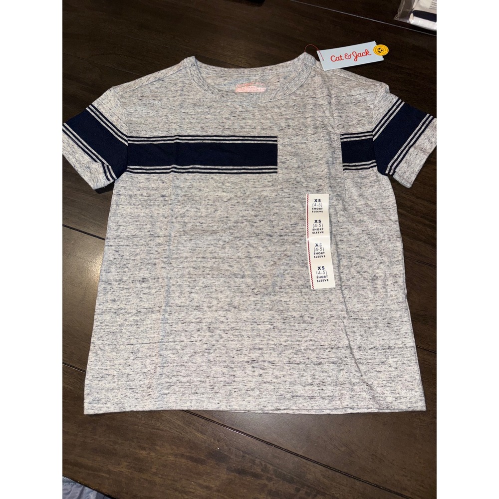 Cat & Jack Boys XS 4-5 Gray Heather Navy Blue Striped Short Sleeve T-Shirt NWT